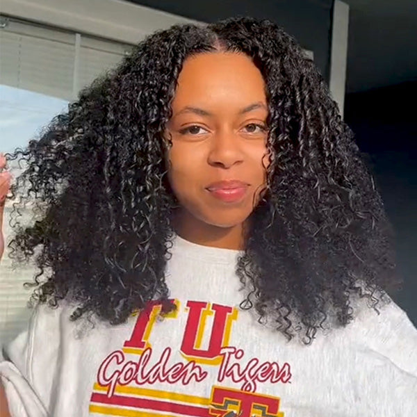 Afro Curly V Part Wig No Leave Out Thin Part Full Volume Glueless Wigs Natural Human Hair Wig
