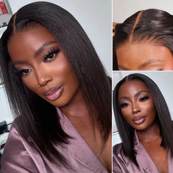 OQ HAIR Glueless Layered Cut Yaki Straight Wear Go Wig Pre-Cut 9x6 T Part Lace Bob Wig With Elastic Drawstring