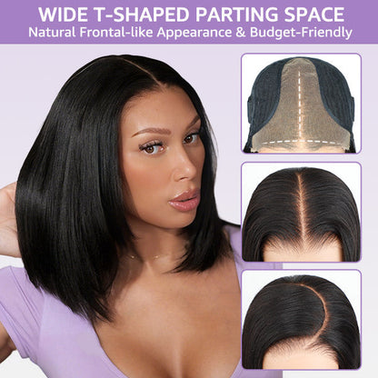 OQ HAIR Glueless Layered Cut Yaki Straight Wear Go Wig Pre-Cut 9x6 T Part Lace Bob Wig With Elastic Drawstring