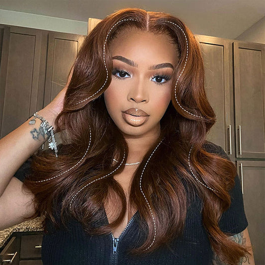 OQ HAIR Glueless Chocolate Brown Layered Cut Face Framing Body Wave Pre-Cut Lace Wear Go Wig