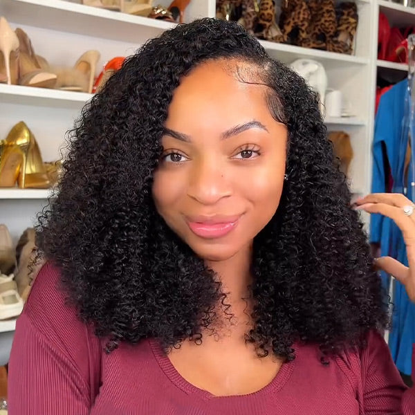Afro Curly V Part Wig No Leave Out Thin Part Full Volume Glueless Wigs Natural Human Hair Wig