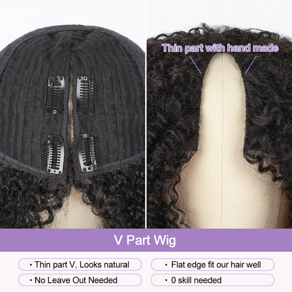 Afro Curly V Part Wig No Leave Out Thin Part Full Volume Glueless Wigs Natural Human Hair Wig
