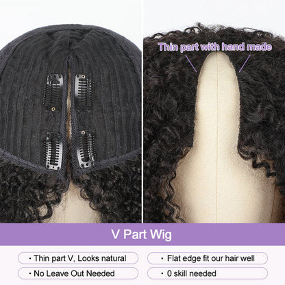 Afro Curly V Part Wig No Leave Out Thin Part Full Volume Glueless Wigs Natural Human Hair Wig