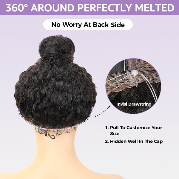 OQ HAIR Kinky Straight Invisi-Drawstring Flexible Fit 360 Lace Front Glueless Wig With Bleached Knots