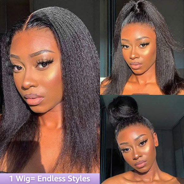 OQ HAIR Kinky Straight Invisi-Drawstring Flexible Fit 360 Lace Front Glueless Wig With Bleached Knots