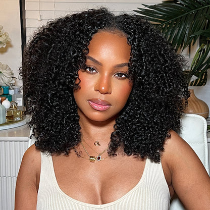 Afro Curly V Part Wig No Leave Out Thin Part Full Volume Glueless Wigs Natural Human Hair Wig
