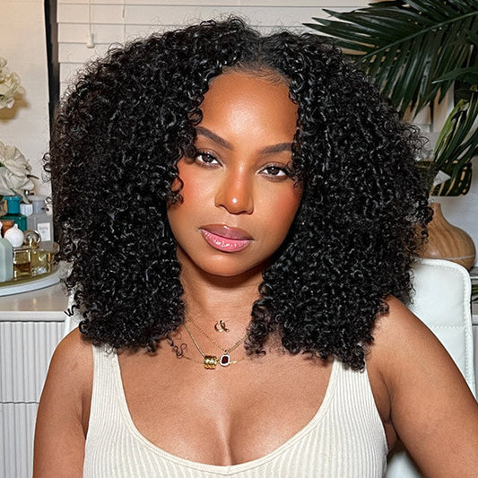 Afro Curly V Part Wig No Leave Out Thin Part Full Volume Glueless Wigs Natural Human Hair Wig