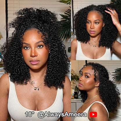 Afro Curly V Part Wig No Leave Out Thin Part Full Volume Glueless Wigs Natural Human Hair Wig