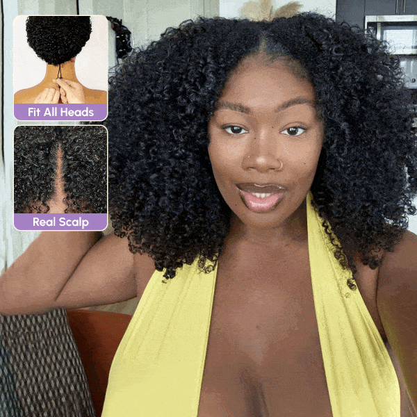 Afro Curly V Part Wig No Leave Out Thin Part Full Volume Glueless Wigs Natural Human Hair Wig