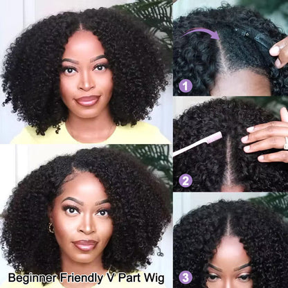Afro Curly V Part Wig No Leave Out Thin Part Full Volume Glueless Wigs Natural Human Hair Wig
