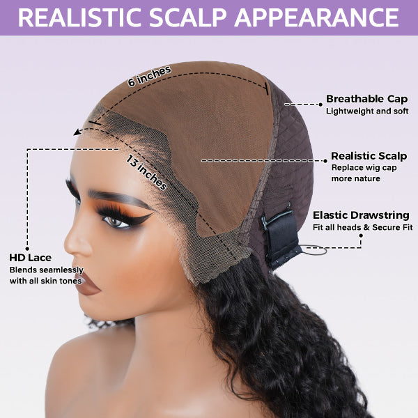 Water Wave Wig Pre Bleached Knots 13x4 13x6 HD Lace Frontal Wig With Elastic Drawstring Wear Go Wig