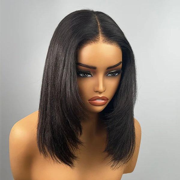 OQ HAIR Glueless Layered Cut Yaki Straight Wear Go Wig Pre-Cut 9x6 T Part Lace Bob Wig With Elastic Drawstring