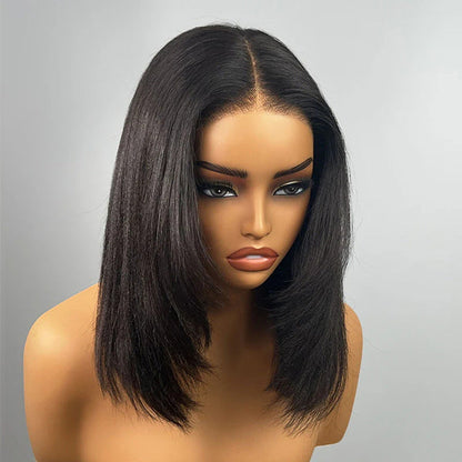 OQ HAIR Glueless Layered Cut Yaki Straight Wear Go Wig Pre-Cut 9x6 T Part Lace Bob Wig With Elastic Drawstring