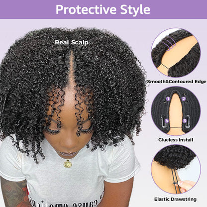 Afro Curly V Part Wig No Leave Out Thin Part Full Volume Glueless Wigs Natural Human Hair Wig