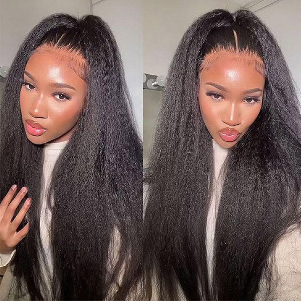 OQ HAIR Kinky Straight Invisi-Drawstring Flexible Fit 360 Lace Front Glueless Wig With Bleached Knots