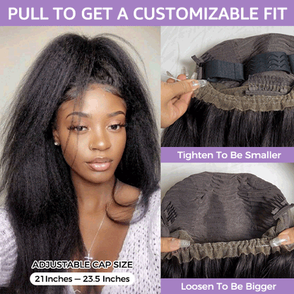 OQ HAIR Kinky Straight Invisi-Drawstring Flexible Fit 360 Lace Front Glueless Wig With Bleached Knots