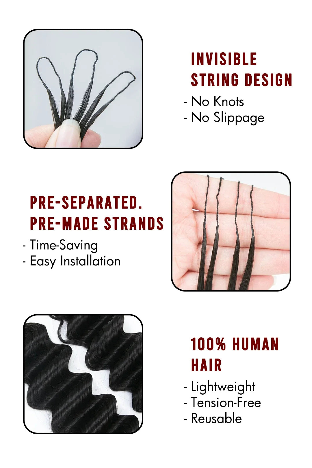 Double Drawn Feather Crochet Hair Extension Deep Wave Human Hair FE21