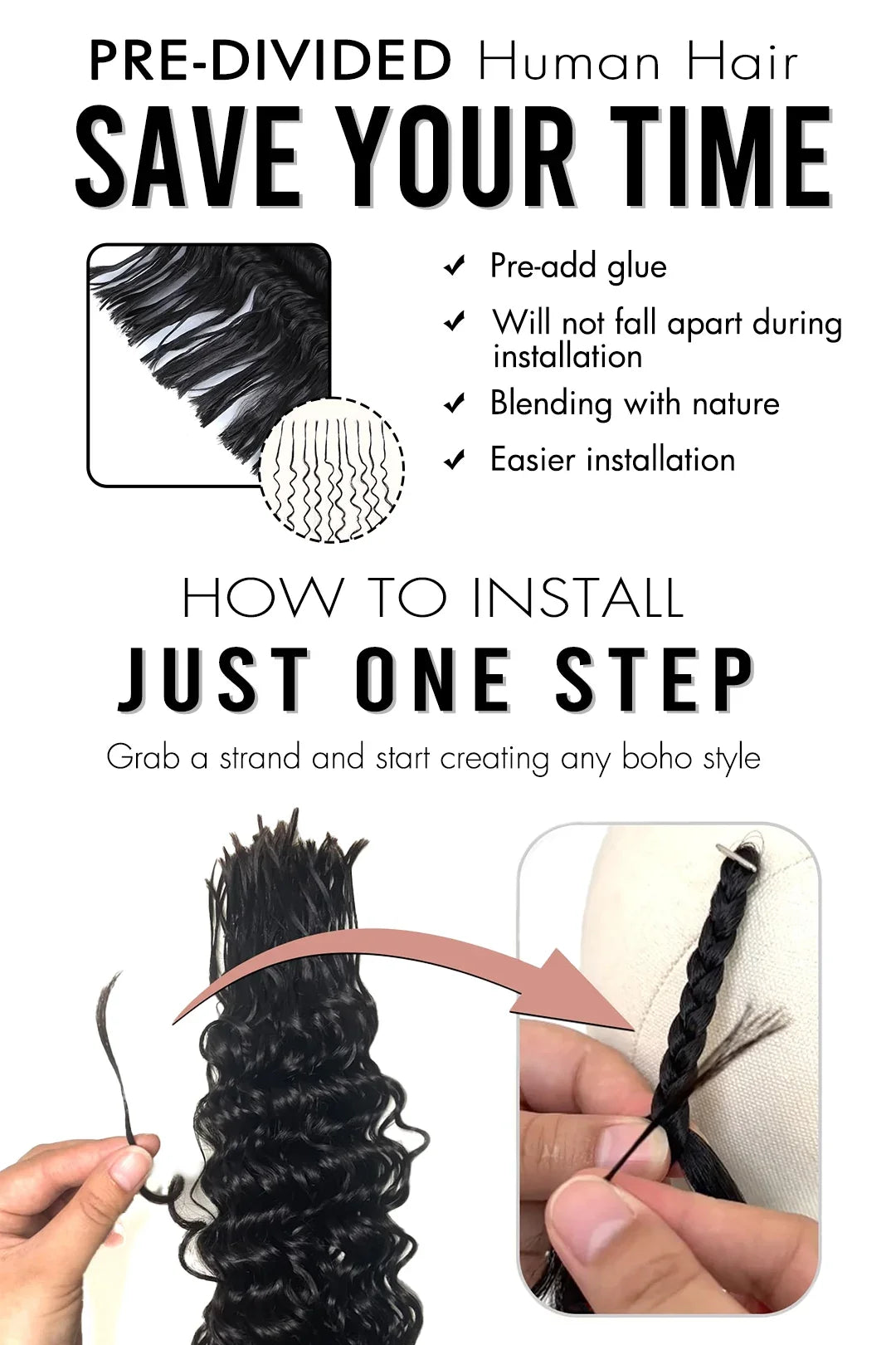 Pre-Divided Water Wave Bulk Human Hair For Braiding Easy Split BU82
